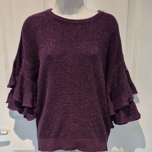 DKNY Deep Purple Rose Gold Sparkle Knit Top with Tiered Flamenco Sleeves. Size M